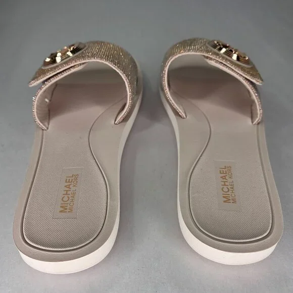 NWT Michael Kors MK Charm Slide Flat Sandals Soft Pink/ Rose Gold - Picture 4 of 7